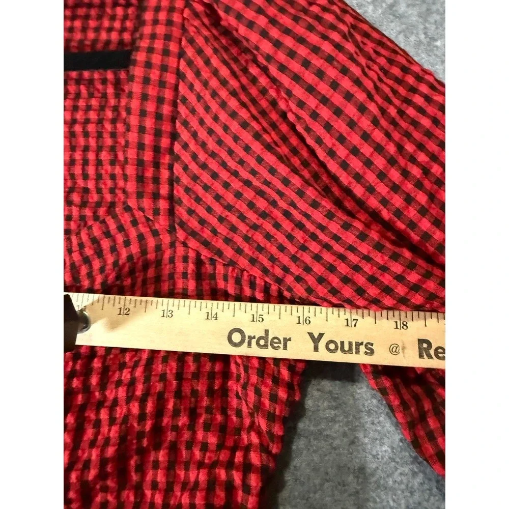 LOFT Women 6 Red Black Gingham Square Neck Puff Sleeve Button Front Top Academic